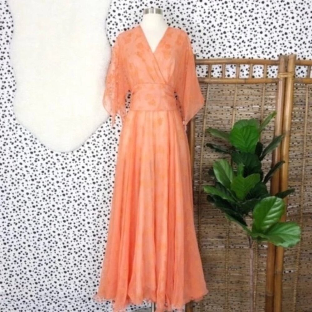 Vintage Olga Orange Floral Flowy Gown Dress XS